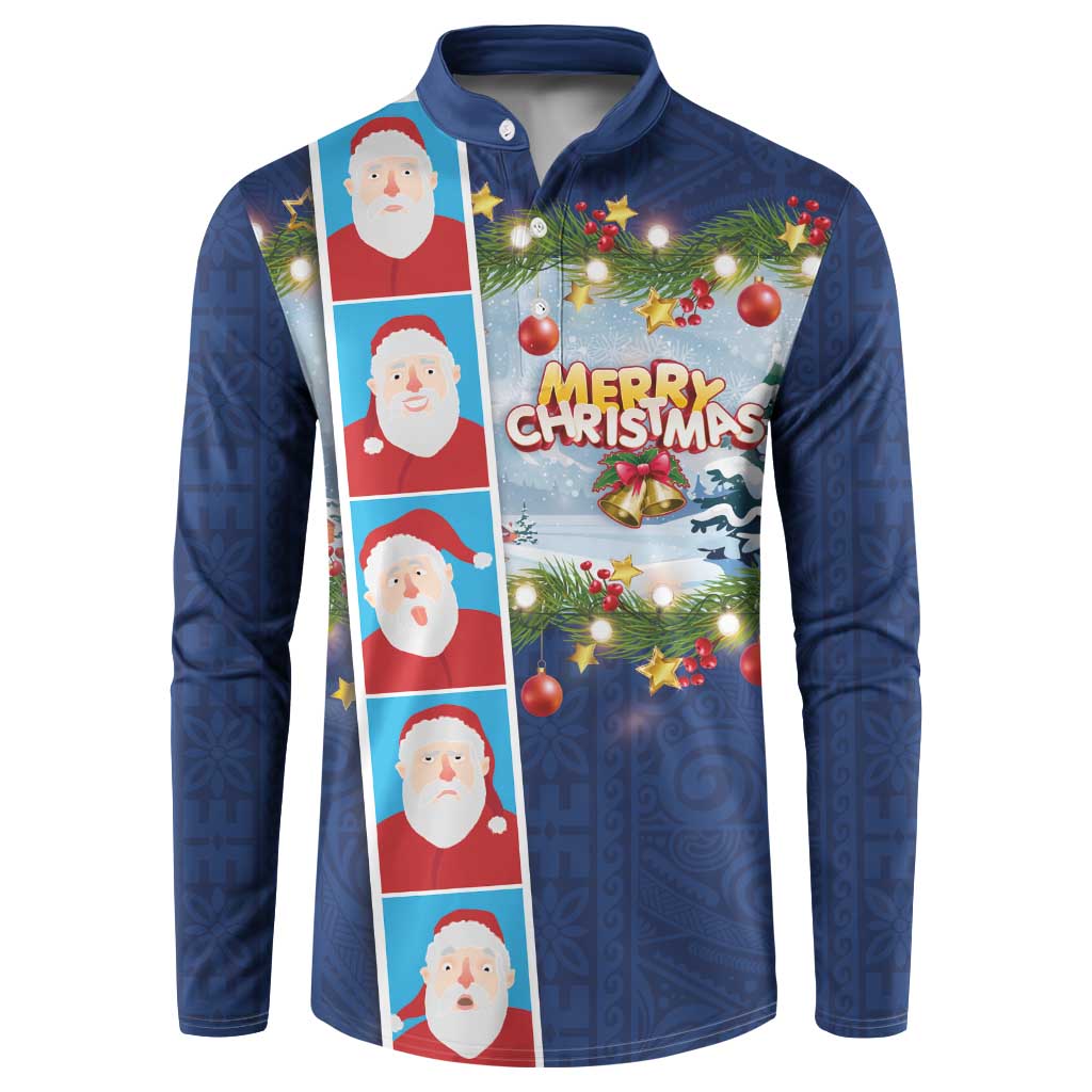 Merry Christmas Button Sweatshirt Funny Santa Claus Cards Photo and Polynesian Pattern Blue Color