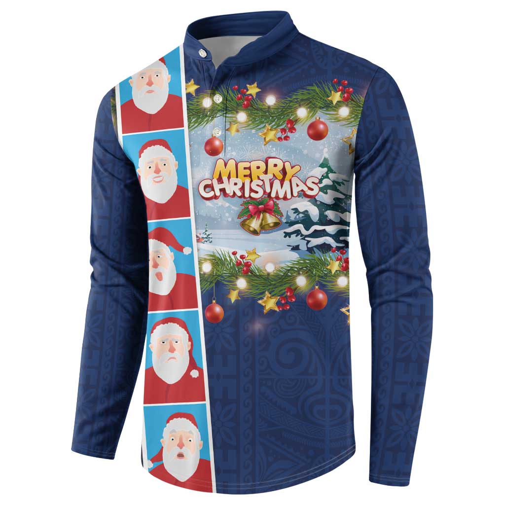 Merry Christmas Button Sweatshirt Funny Santa Claus Cards Photo and Polynesian Pattern Blue Color