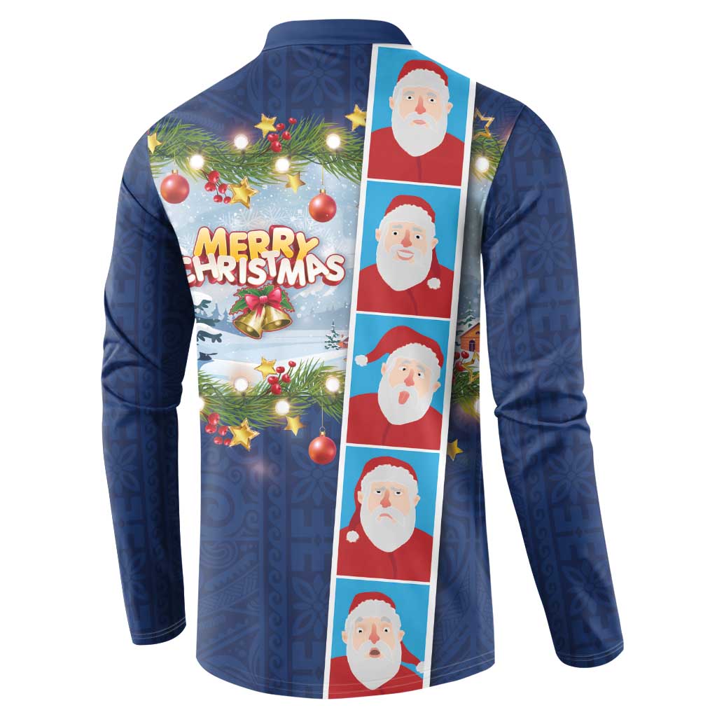 Merry Christmas Button Sweatshirt Funny Santa Claus Cards Photo and Polynesian Pattern Blue Color