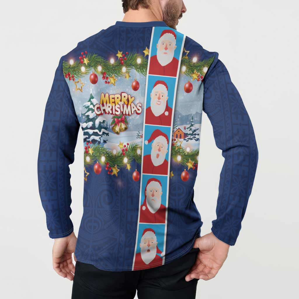 Merry Christmas Button Sweatshirt Funny Santa Claus Cards Photo and Polynesian Pattern Blue Color