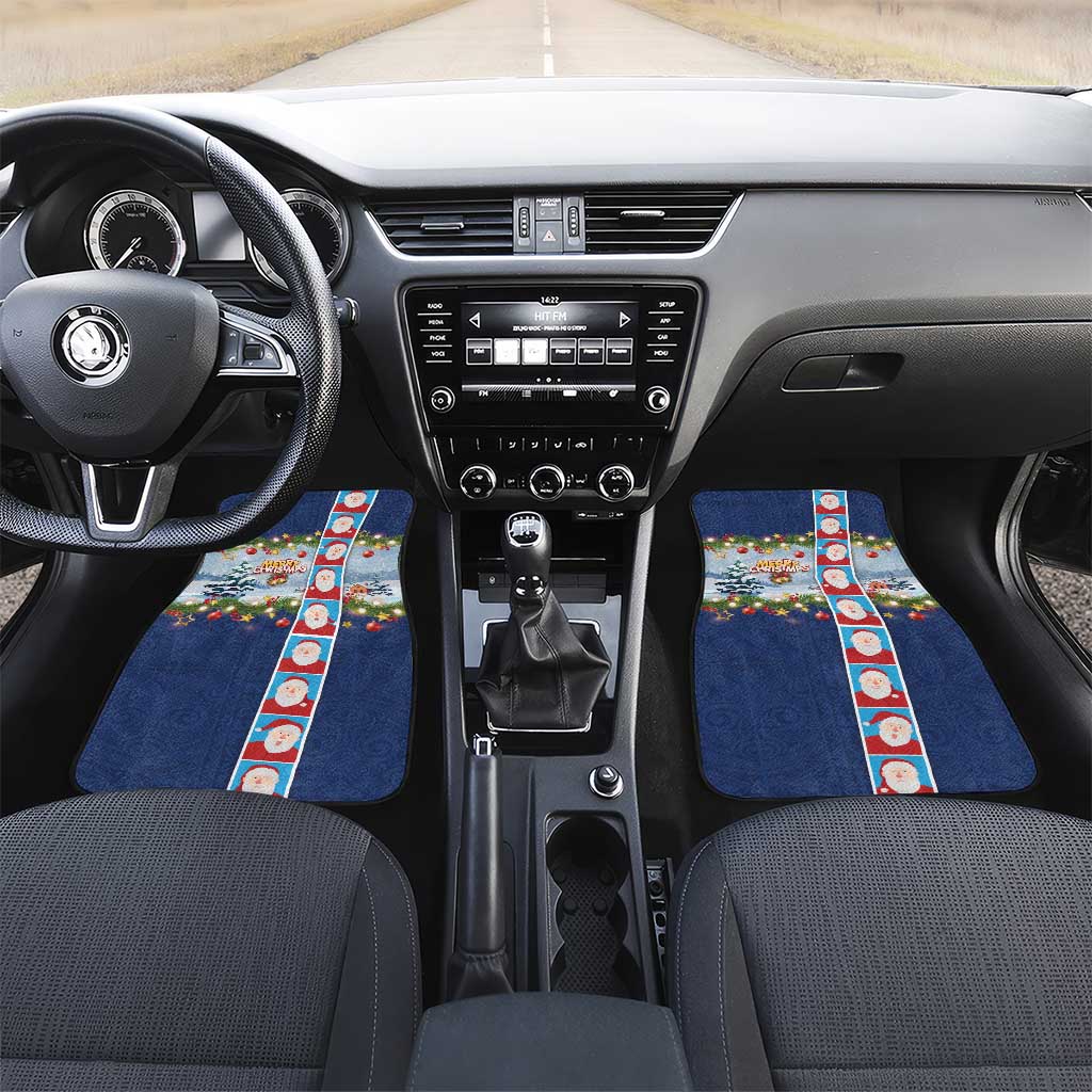 Merry Christmas Car Mats Funny Santa Claus Cards Photo and Polynesian Pattern Blue Color LT03 Set 2pcs - Front Blue - Polynesian Pride