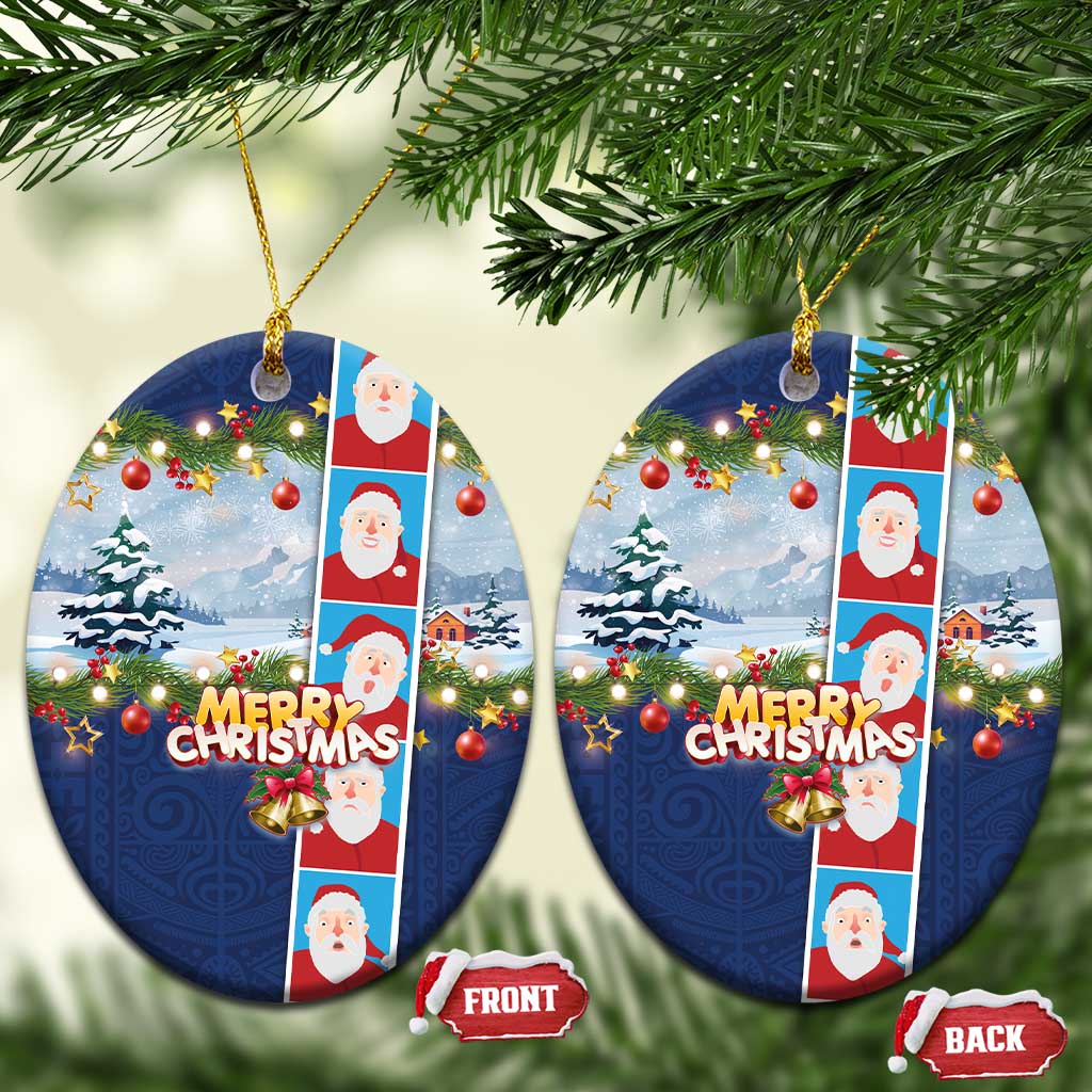Merry Christmas Ceramic Ornament Funny Santa Claus Cards Photo and Polynesian Pattern Blue Color LT03 Oval Blue - Polynesian Pride