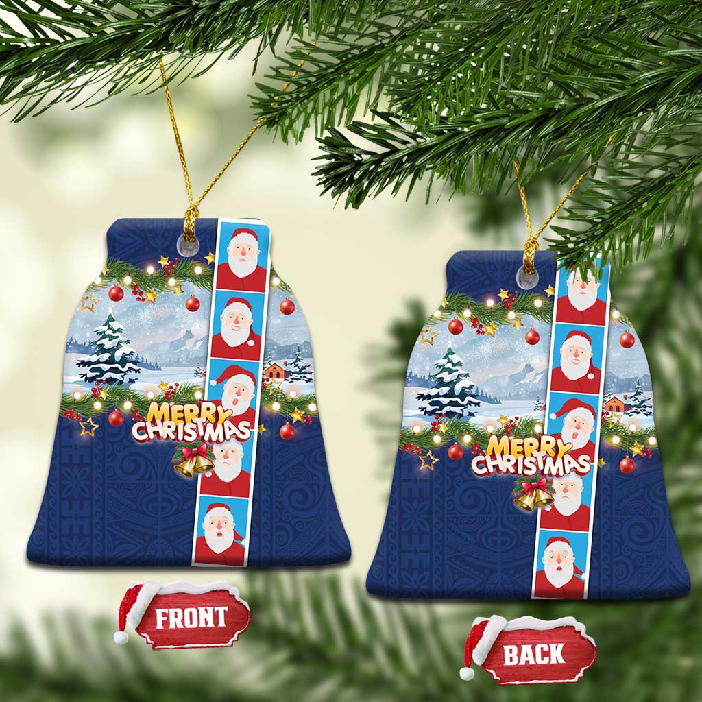 Merry Christmas Ceramic Ornament Funny Santa Claus Cards Photo and Polynesian Pattern Blue Color LT03 Bell Flake Blue - Polynesian Pride