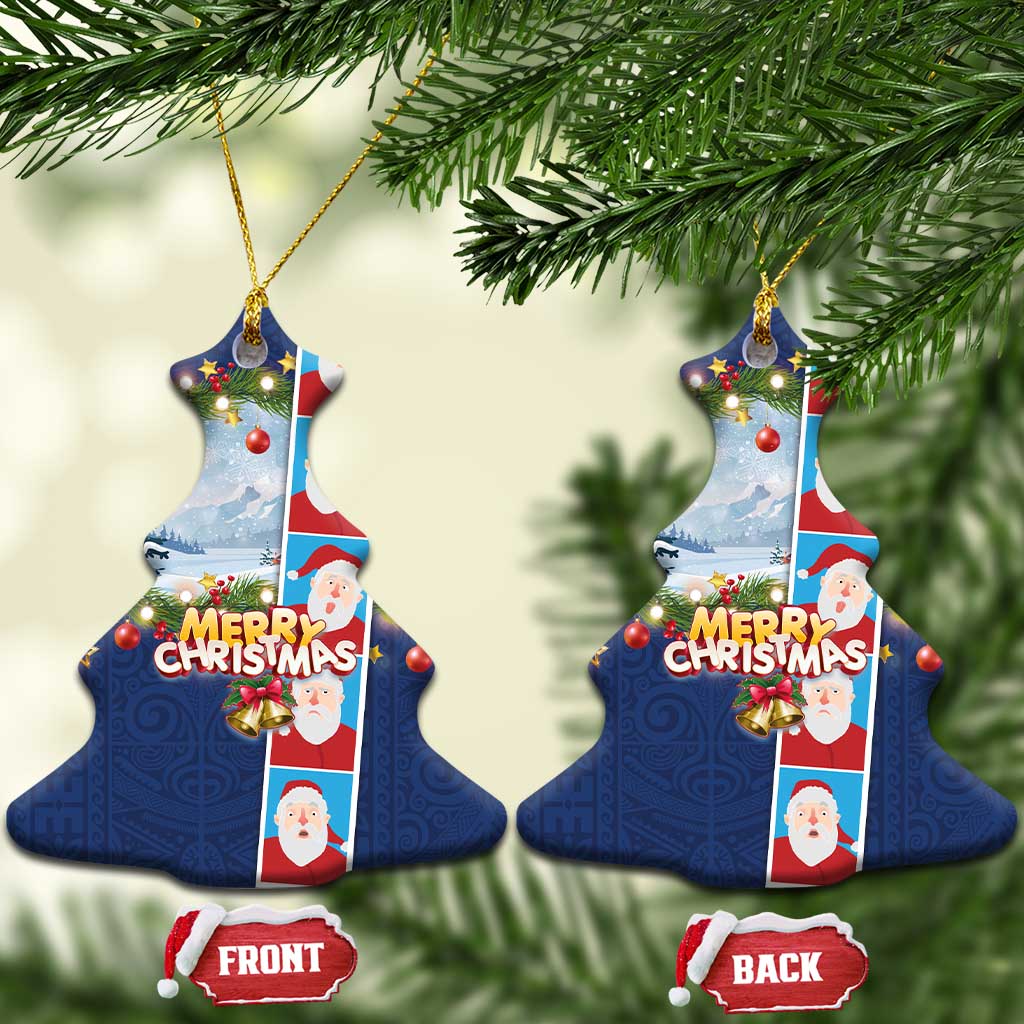 Merry Christmas Ceramic Ornament Funny Santa Claus Cards Photo and Polynesian Pattern Blue Color LT03 Christmas Tree Blue - Polynesian Pride