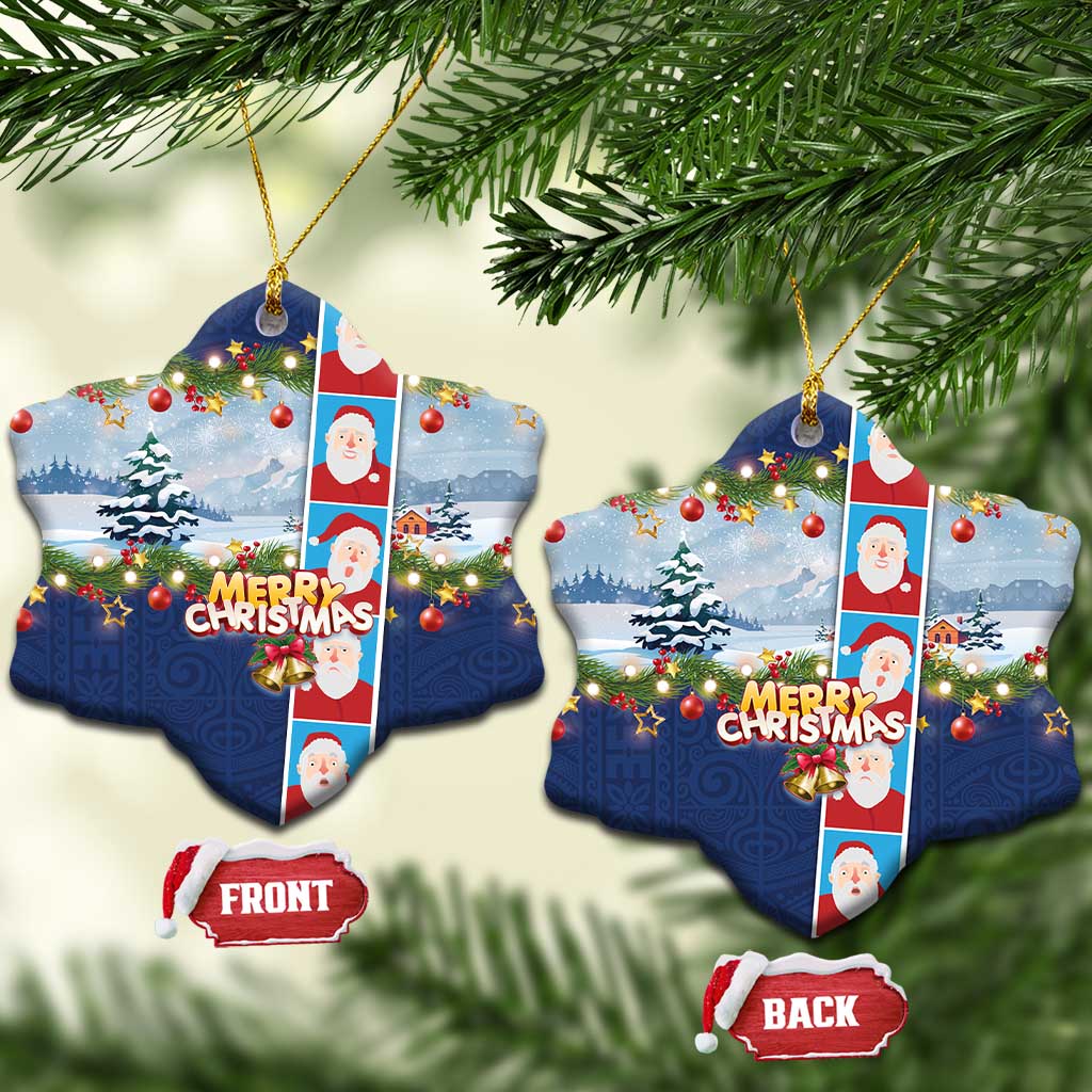 Merry Christmas Ceramic Ornament Funny Santa Claus Cards Photo and Polynesian Pattern Blue Color LT03 Snow Flake Blue - Polynesian Pride