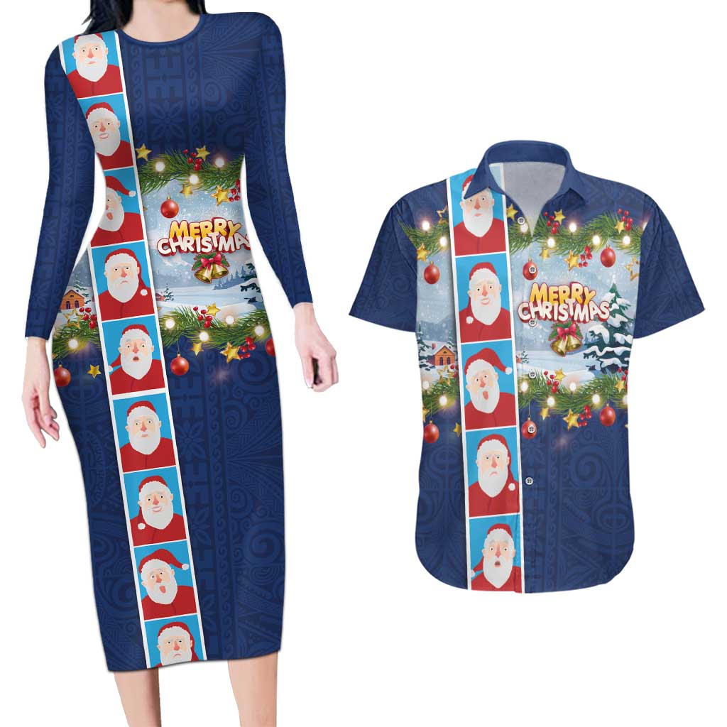 Merry Christmas Couples Matching Long Sleeve Bodycon Dress and Hawaiian Shirt Funny Santa Claus Cards Photo and Polynesian Pattern Blue Color