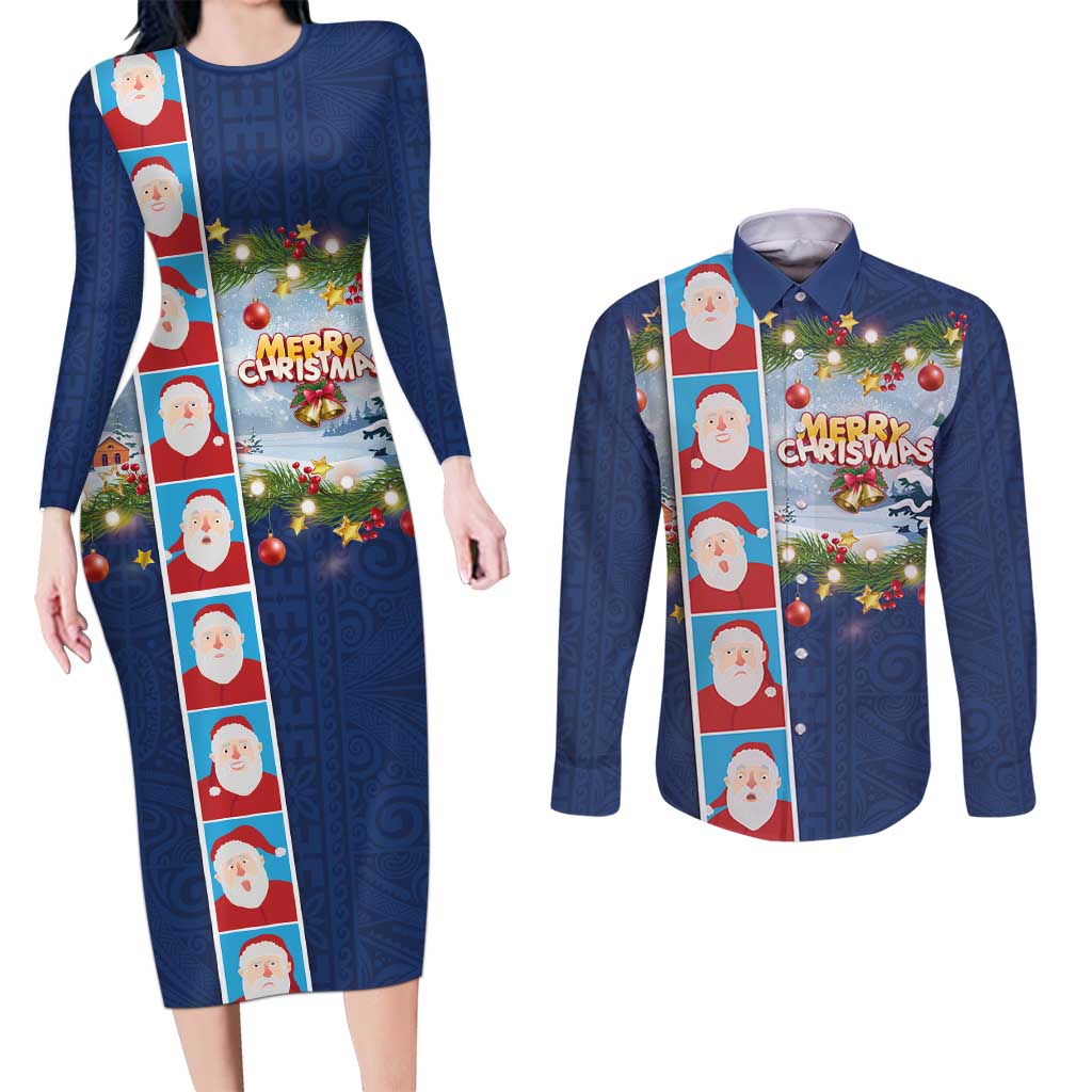 Merry Christmas Couples Matching Long Sleeve Bodycon Dress and Long Sleeve Button Shirt Funny Santa Claus Cards Photo and Polynesian Pattern Blue Color