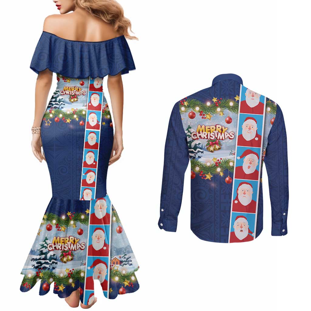 Merry Christmas Couples Matching Mermaid Dress and Long Sleeve Button Shirt Funny Santa Claus Cards Photo and Polynesian Pattern Blue Color