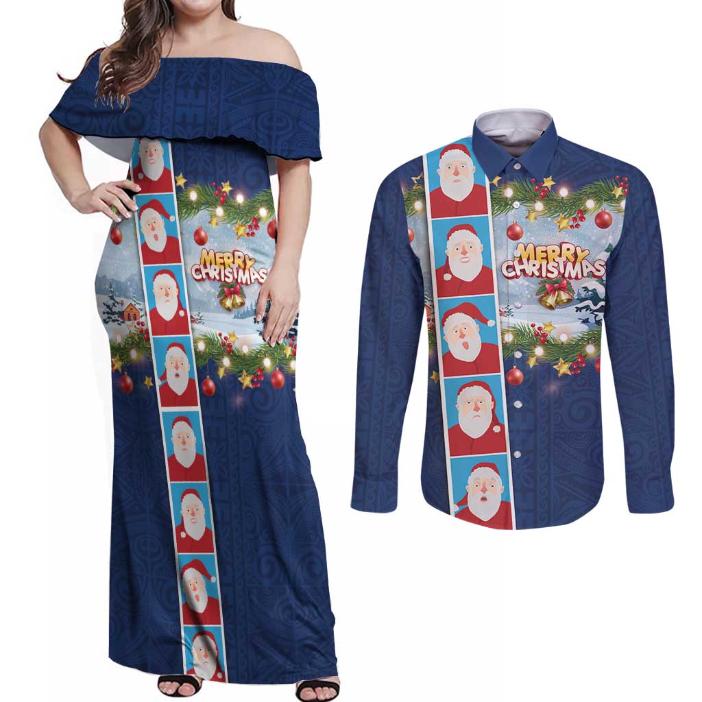 Merry Christmas Couples Matching Off Shoulder Maxi Dress and Long Sleeve Button Shirt Funny Santa Claus Cards Photo and Polynesian Pattern Blue Color