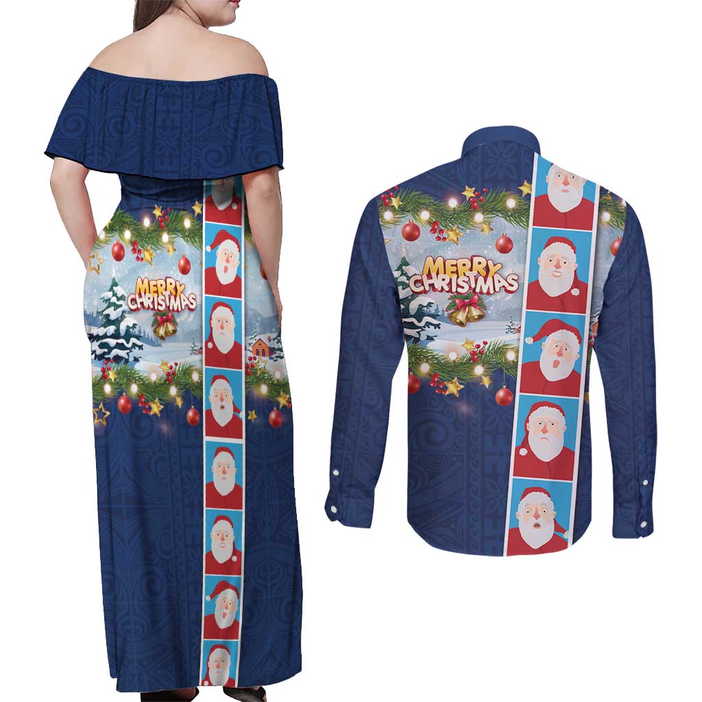 Merry Christmas Couples Matching Off Shoulder Maxi Dress and Long Sleeve Button Shirt Funny Santa Claus Cards Photo and Polynesian Pattern Blue Color