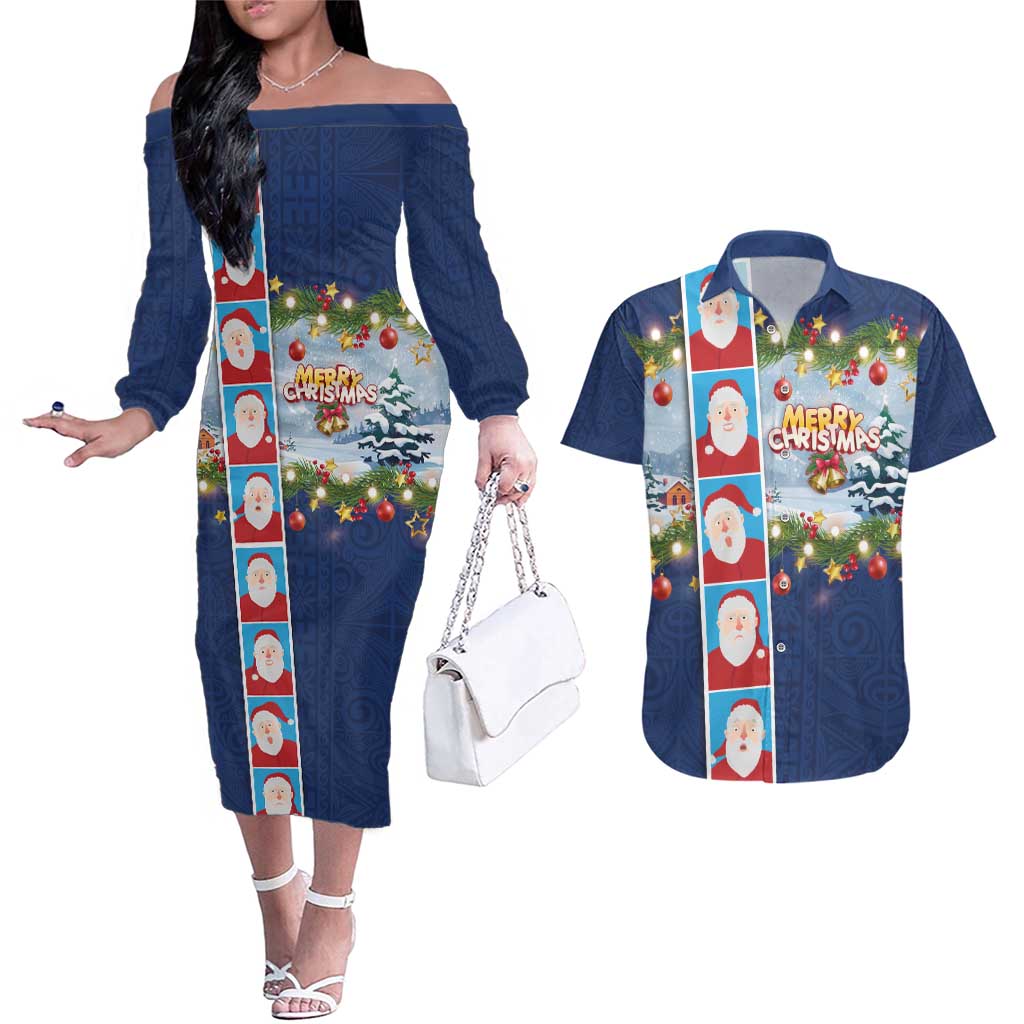 Merry Christmas Couples Matching Off The Shoulder Long Sleeve Dress and Hawaiian Shirt Funny Santa Claus Cards Photo and Polynesian Pattern Blue Color