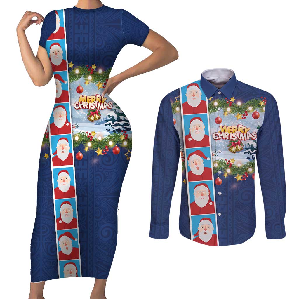 Merry Christmas Couples Matching Short Sleeve Bodycon Dress and Long Sleeve Button Shirt Funny Santa Claus Cards Photo and Polynesian Pattern Blue Color