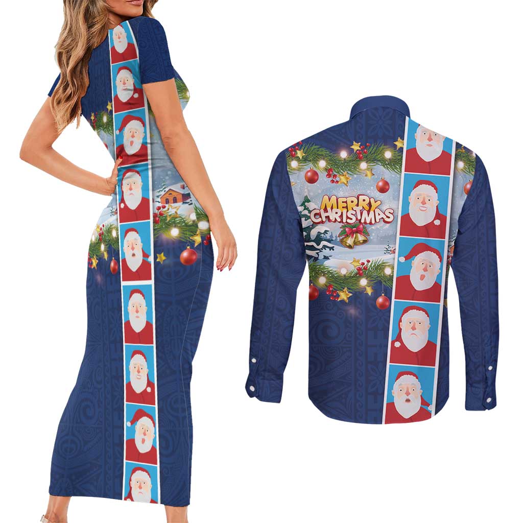 Merry Christmas Couples Matching Short Sleeve Bodycon Dress and Long Sleeve Button Shirt Funny Santa Claus Cards Photo and Polynesian Pattern Blue Color