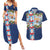 Merry Christmas Couples Matching Summer Maxi Dress and Hawaiian Shirt Funny Santa Claus Cards Photo and Polynesian Pattern Blue Color
