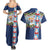 Merry Christmas Couples Matching Summer Maxi Dress and Hawaiian Shirt Funny Santa Claus Cards Photo and Polynesian Pattern Blue Color