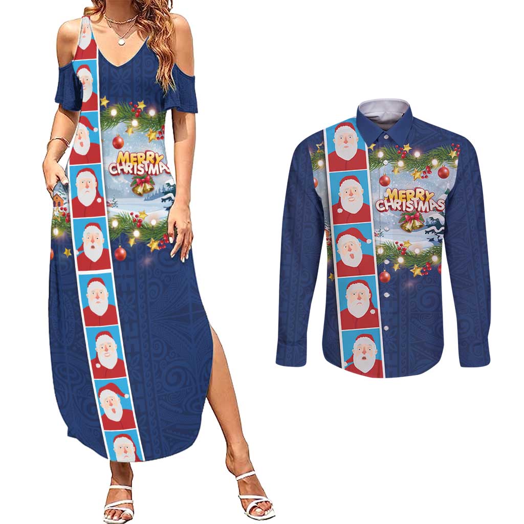 Merry Christmas Couples Matching Summer Maxi Dress and Long Sleeve Button Shirt Funny Santa Claus Cards Photo and Polynesian Pattern Blue Color