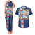 Merry Christmas Couples Matching Tank Maxi Dress and Hawaiian Shirt Funny Santa Claus Cards Photo and Polynesian Pattern Blue Color