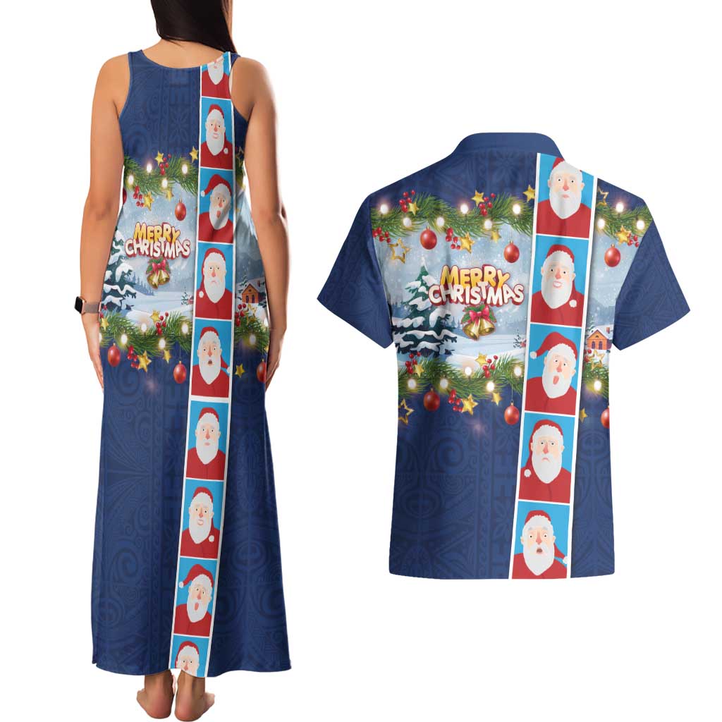 Merry Christmas Couples Matching Tank Maxi Dress and Hawaiian Shirt Funny Santa Claus Cards Photo and Polynesian Pattern Blue Color