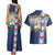 Merry Christmas Couples Matching Tank Maxi Dress and Hawaiian Shirt Funny Santa Claus Cards Photo and Polynesian Pattern Blue Color