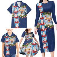 Merry Christmas Family Matching Long Sleeve Bodycon Dress and Hawaiian Shirt Funny Santa Claus Cards Photo and Polynesian Pattern Blue Color