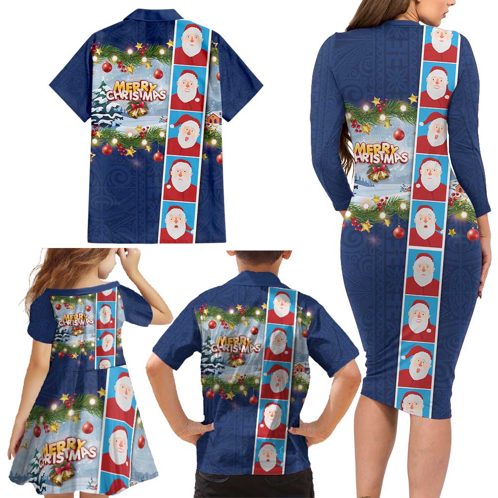 Merry Christmas Family Matching Long Sleeve Bodycon Dress and Hawaiian Shirt Funny Santa Claus Cards Photo and Polynesian Pattern Blue Color