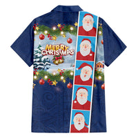 Merry Christmas Family Matching Long Sleeve Bodycon Dress and Hawaiian Shirt Funny Santa Claus Cards Photo and Polynesian Pattern Blue Color