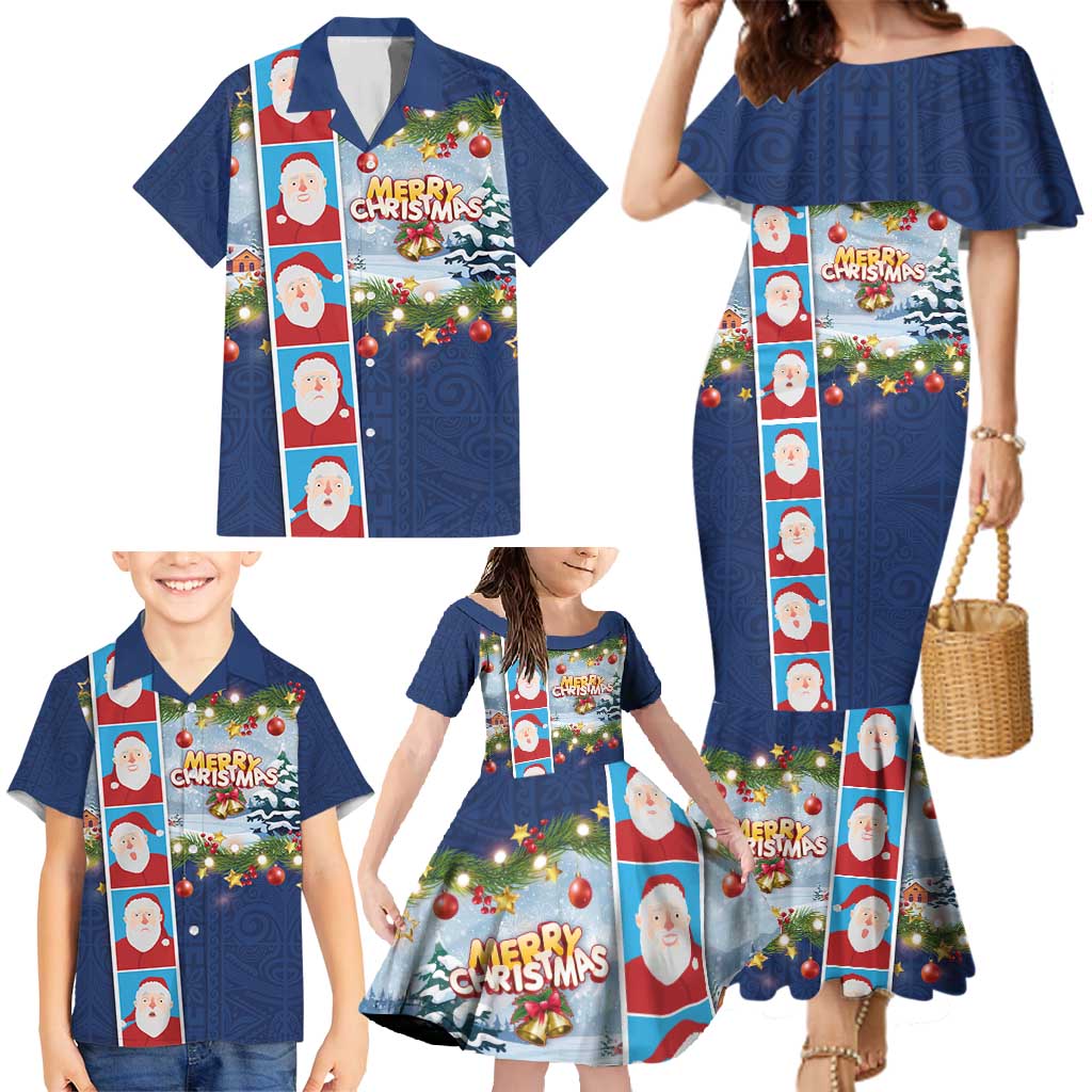 Merry Christmas Family Matching Mermaid Dress and Hawaiian Shirt Funny Santa Claus Cards Photo and Polynesian Pattern Blue Color