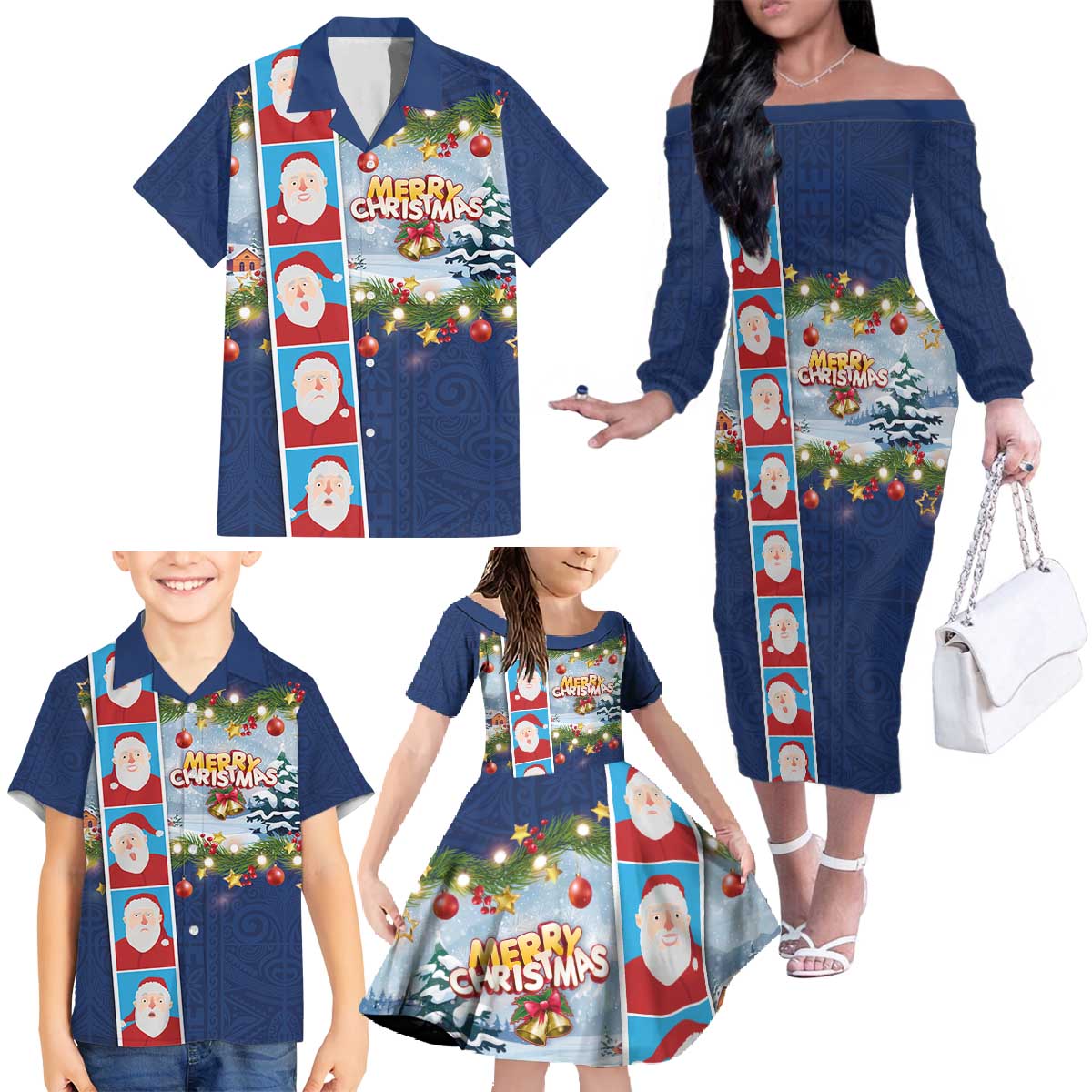 Merry Christmas Family Matching Off The Shoulder Long Sleeve Dress and Hawaiian Shirt Funny Santa Claus Cards Photo and Polynesian Pattern Blue Color