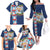 Merry Christmas Family Matching Off The Shoulder Long Sleeve Dress and Hawaiian Shirt Funny Santa Claus Cards Photo and Polynesian Pattern Blue Color