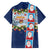 Merry Christmas Family Matching Off The Shoulder Long Sleeve Dress and Hawaiian Shirt Funny Santa Claus Cards Photo and Polynesian Pattern Blue Color