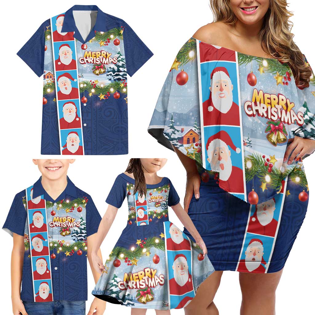 Merry Christmas Family Matching Off Shoulder Short Dress and Hawaiian Shirt Funny Santa Claus Cards Photo and Polynesian Pattern Blue Color