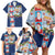 Merry Christmas Family Matching Off Shoulder Short Dress and Hawaiian Shirt Funny Santa Claus Cards Photo and Polynesian Pattern Blue Color