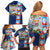 Merry Christmas Family Matching Off Shoulder Short Dress and Hawaiian Shirt Funny Santa Claus Cards Photo and Polynesian Pattern Blue Color