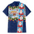 Merry Christmas Family Matching Off Shoulder Short Dress and Hawaiian Shirt Funny Santa Claus Cards Photo and Polynesian Pattern Blue Color