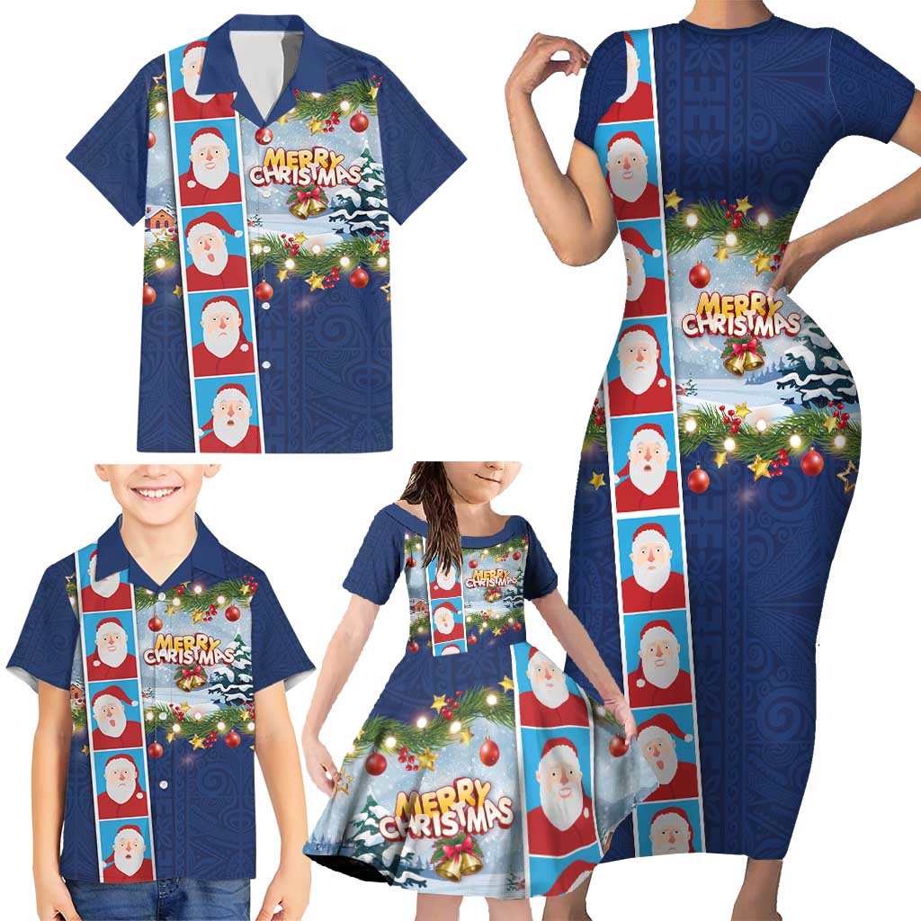 Merry Christmas Family Matching Short Sleeve Bodycon Dress and Hawaiian Shirt Funny Santa Claus Cards Photo and Polynesian Pattern Blue Color