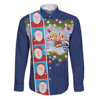 Merry Christmas Family Matching Short Sleeve Bodycon Dress and Hawaiian Shirt Funny Santa Claus Cards Photo and Polynesian Pattern Blue Color