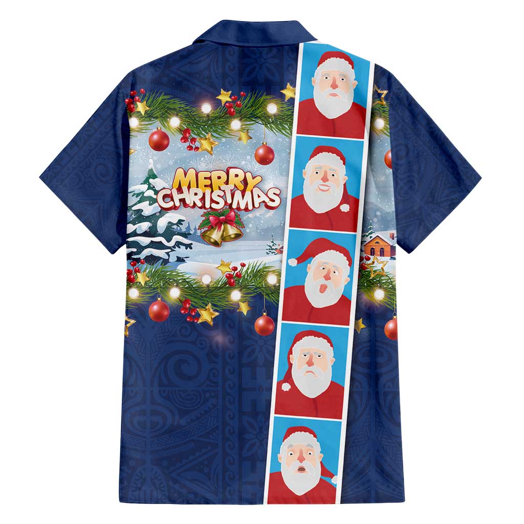 Merry Christmas Family Matching Summer Maxi Dress and Hawaiian Shirt Funny Santa Claus Cards Photo and Polynesian Pattern Blue Color