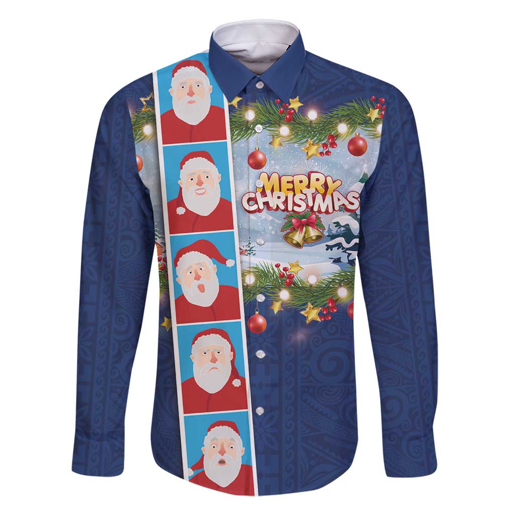 Merry Christmas Family Matching Tank Maxi Dress and Hawaiian Shirt Funny Santa Claus Cards Photo and Polynesian Pattern Blue Color