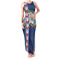 Merry Christmas Family Matching Tank Maxi Dress and Hawaiian Shirt Funny Santa Claus Cards Photo and Polynesian Pattern Blue Color