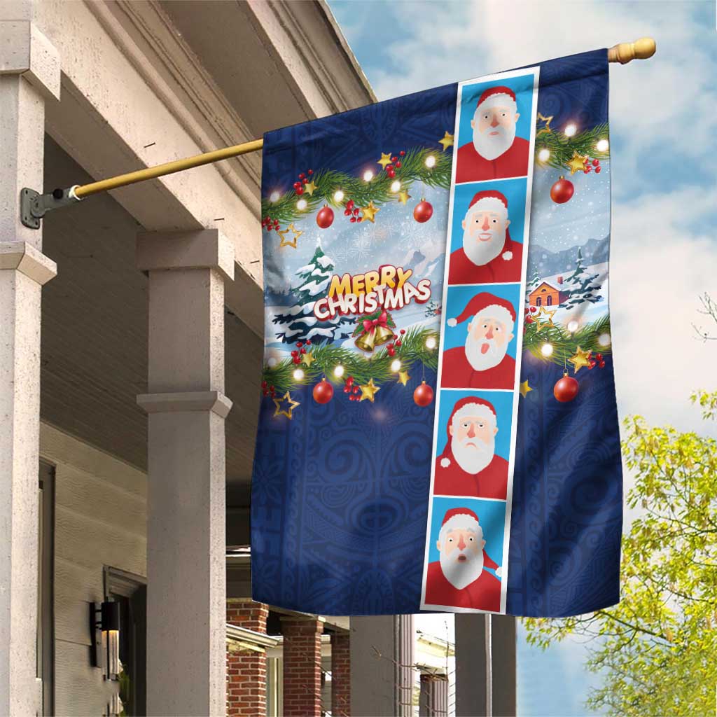 Merry Christmas Garden Flag Funny Santa Claus Cards Photo and Polynesian Pattern Blue Color LT03 House Flag Blue - Polynesian Pride