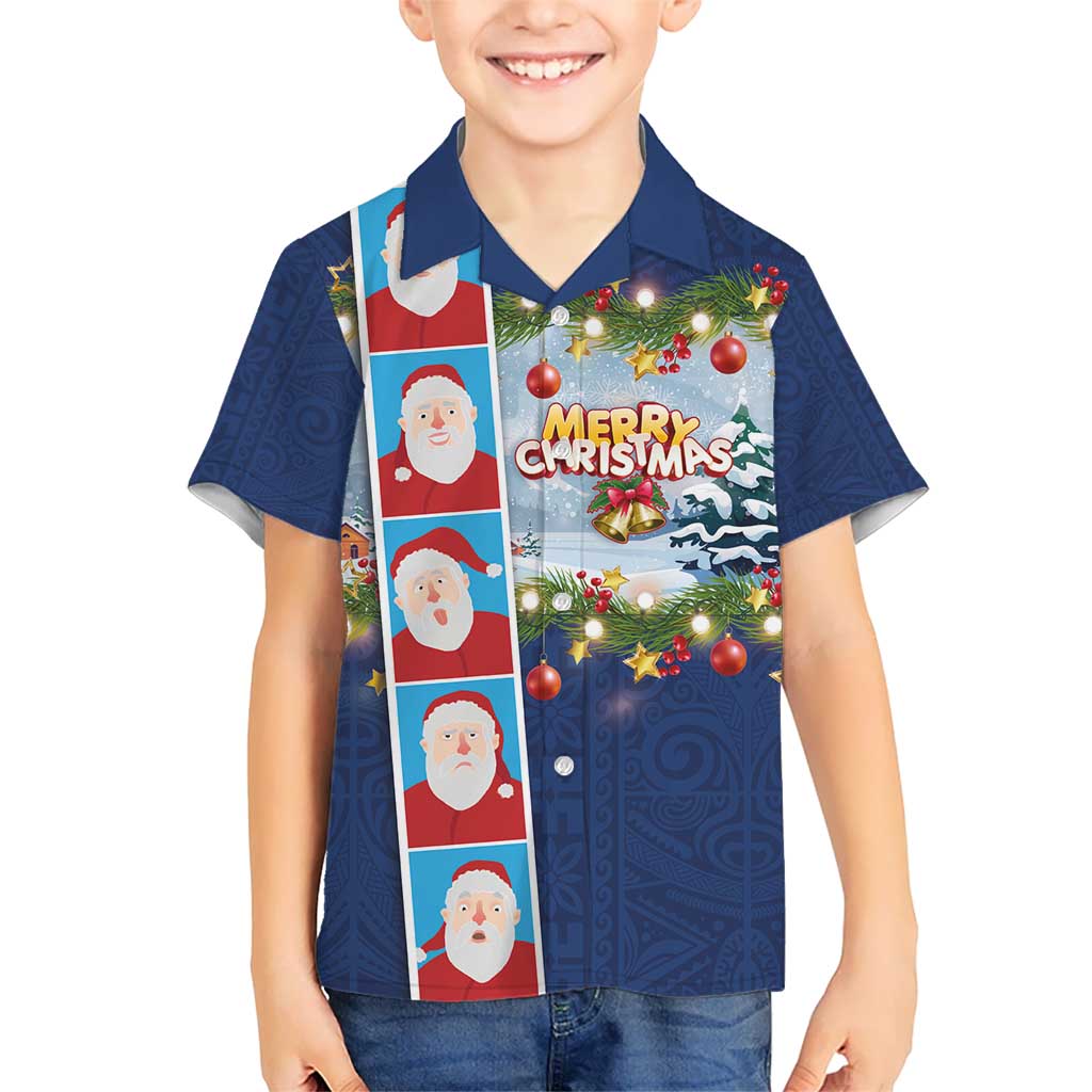 Merry Christmas Hawaiian Shirt Funny Santa Claus Cards Photo and Polynesian Pattern Blue Color LT03 - Polynesian Pride