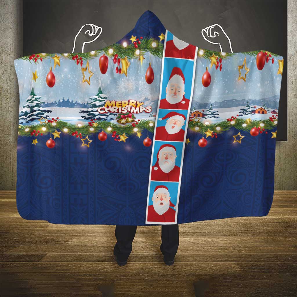 Merry Christmas Hooded Blanket Funny Santa Claus Cards Photo and Polynesian Pattern Blue Color LT03 - Polynesian Pride