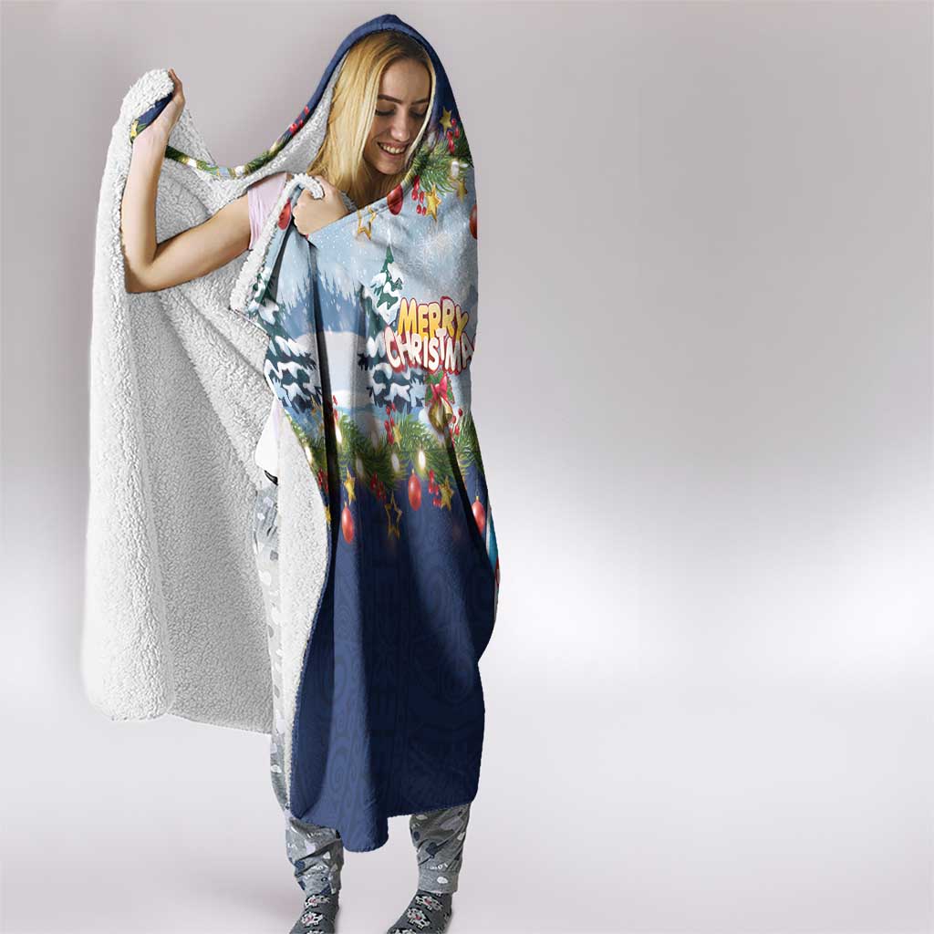 Merry Christmas Hooded Blanket Funny Santa Claus Cards Photo and Polynesian Pattern Blue Color LT03 - Polynesian Pride