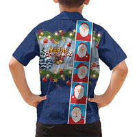 Merry Christmas Kid Hawaiian Shirt Funny Santa Claus Cards Photo and Polynesian Pattern Blue Color