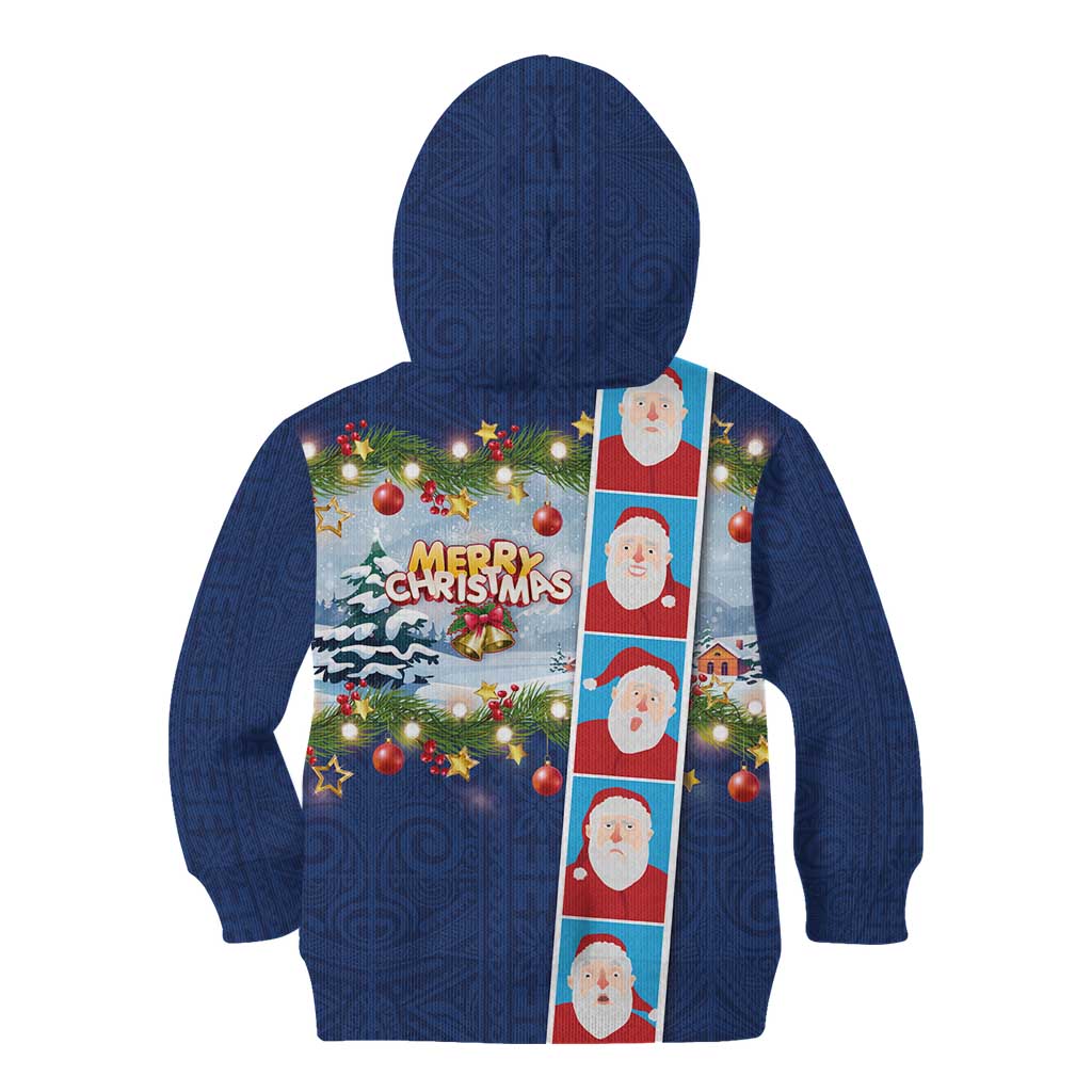 Merry Christmas Kid Hoodie Funny Santa Claus Cards Photo and Polynesian Pattern Blue Color