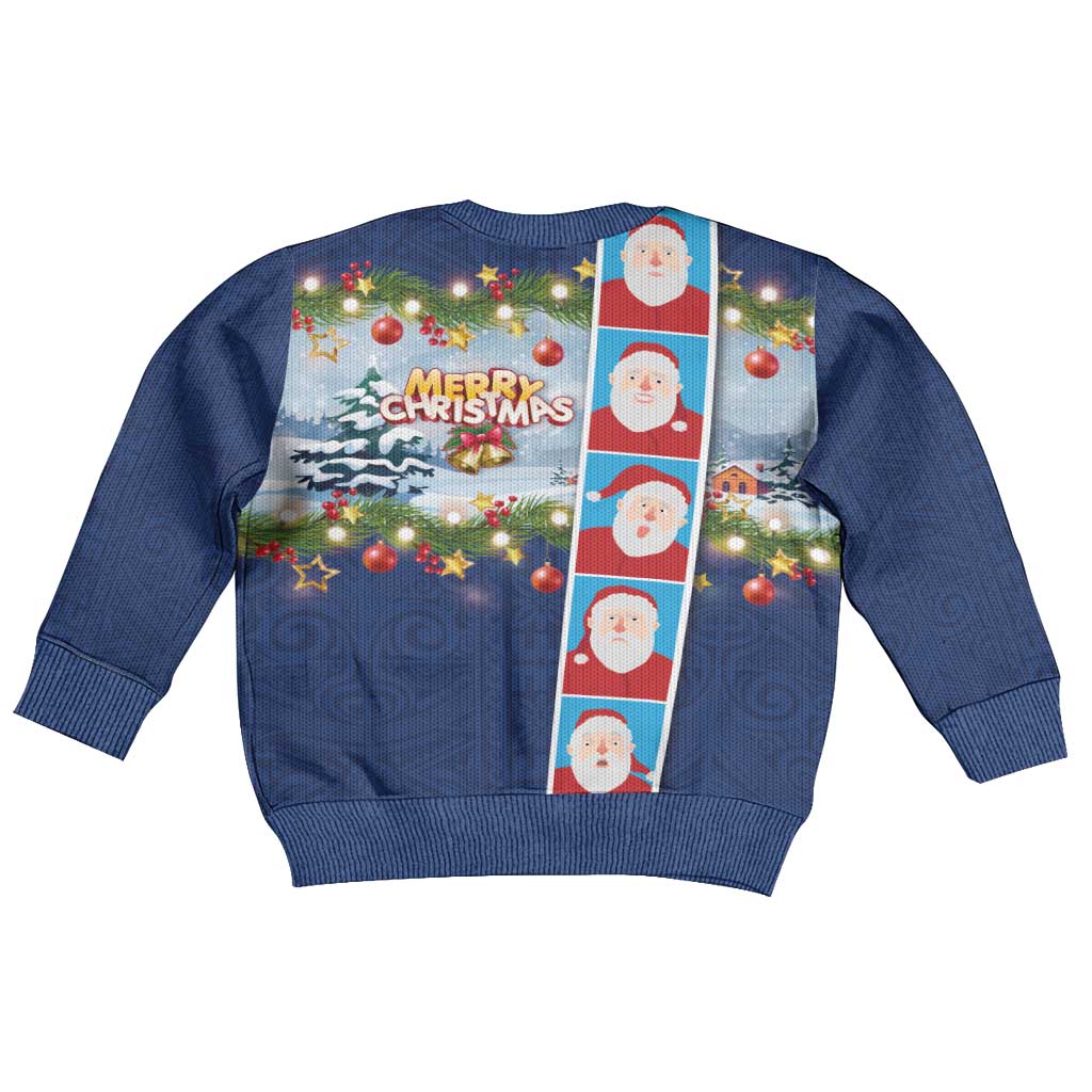 Merry Christmas Kid Ugly Christmas Sweater Funny Santa Claus Cards Photo and Polynesian Pattern Blue Color