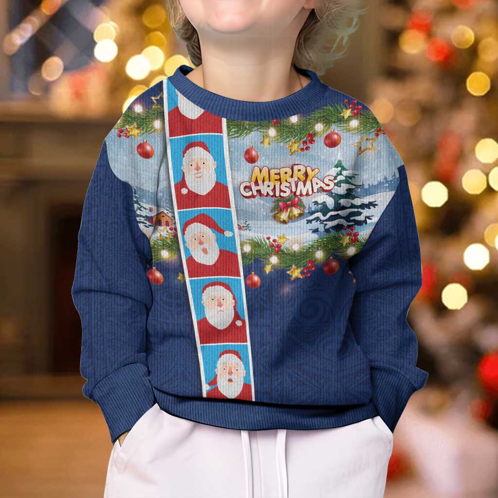 Merry Christmas Kid Ugly Christmas Sweater Funny Santa Claus Cards Photo and Polynesian Pattern Blue Color