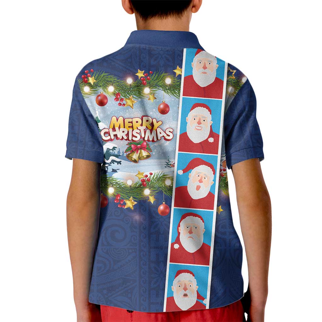 Merry Christmas Kid Polo Shirt Funny Santa Claus Cards Photo and Polynesian Pattern Blue Color