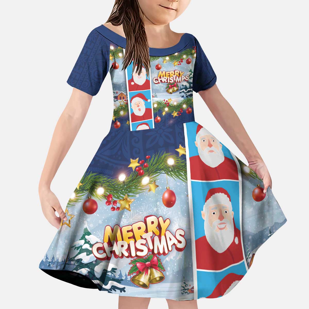 Merry Christmas Kid Short Sleeve Dress Funny Santa Claus Cards Photo and Polynesian Pattern Blue Color