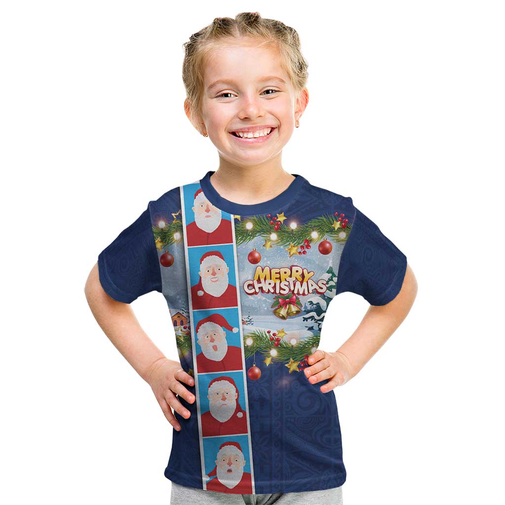 Merry Christmas Kid T Shirt Funny Santa Claus Cards Photo and Polynesian Pattern Blue Color